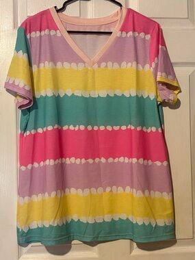 Source Unknown Pink, Lavender, Yellow & Teal Striped Tee